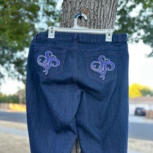 South Pole Y2K Vintage Women's Dark Blue Jeans with Purple Embroidery